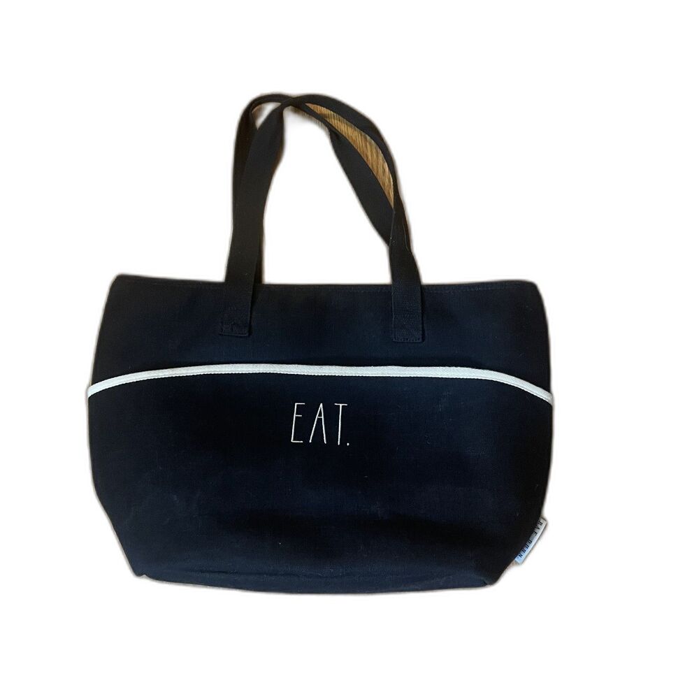 Rae Dunn EAT Insulated Tote Large Lunch Bag Cooler Zip Top Black White Boat Mom